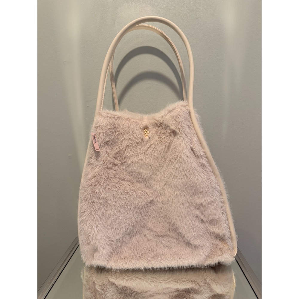 NWT Victoria's Secret Ivory Faux Fur Tote Bag Logo Accent Double Handles